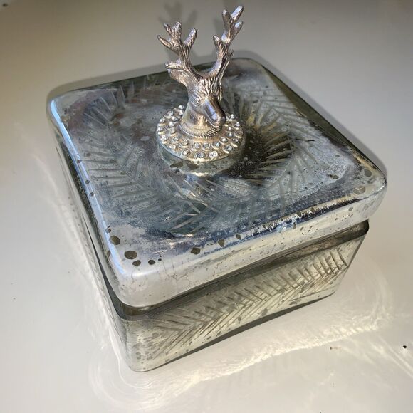 Gothic Glass & Metal Reindeer Box Silver Plated Vintage for sweets Crafts Décor - Picture 1 of 10